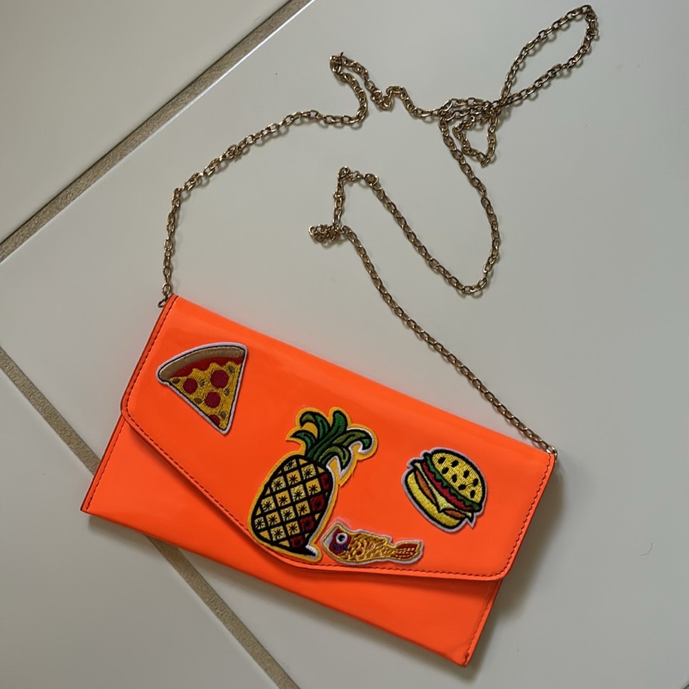 Neon Orange Crossbody Clutch Tropical Food Iron-on Patches Chain Strap Envelope